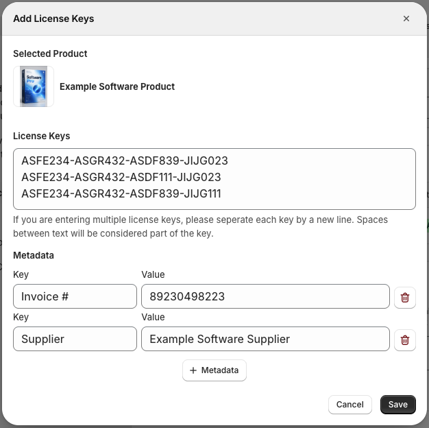 A license key's metadata, with Supplier and Invoice # entries.