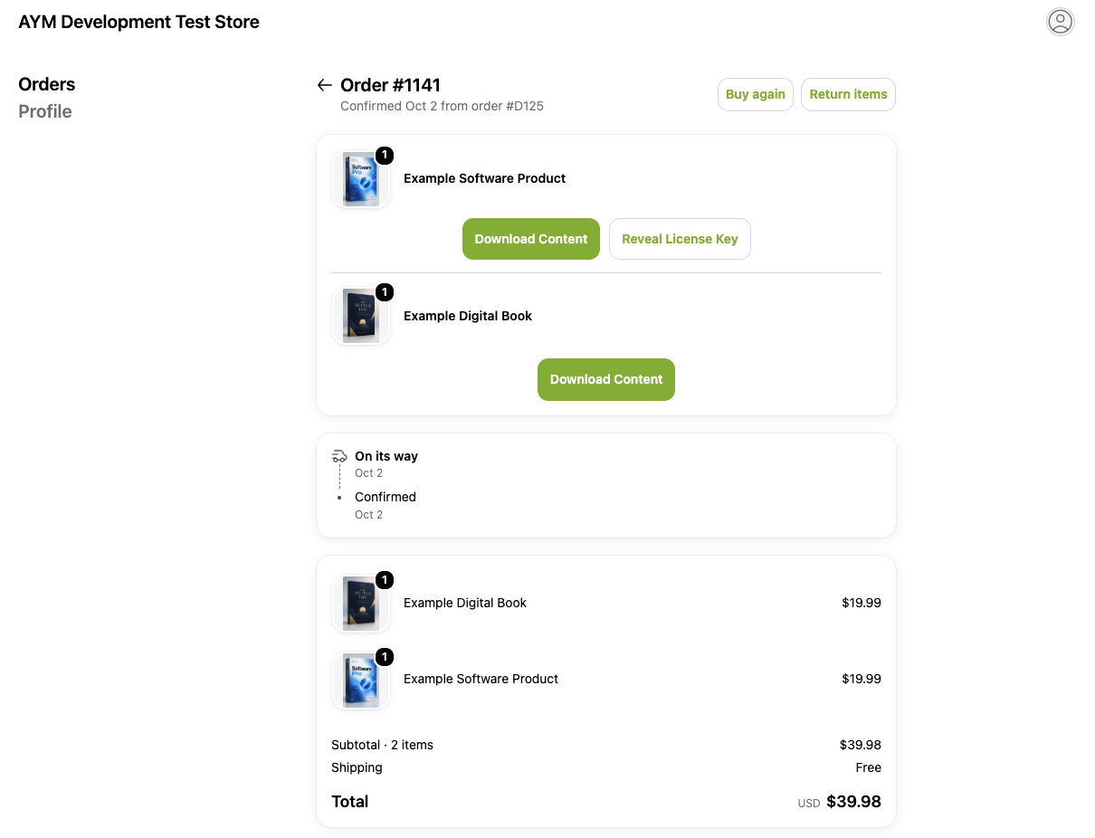 A customer's order status page with the Digital Content Manager block: a product with its Download and Reveal License Key buttons.