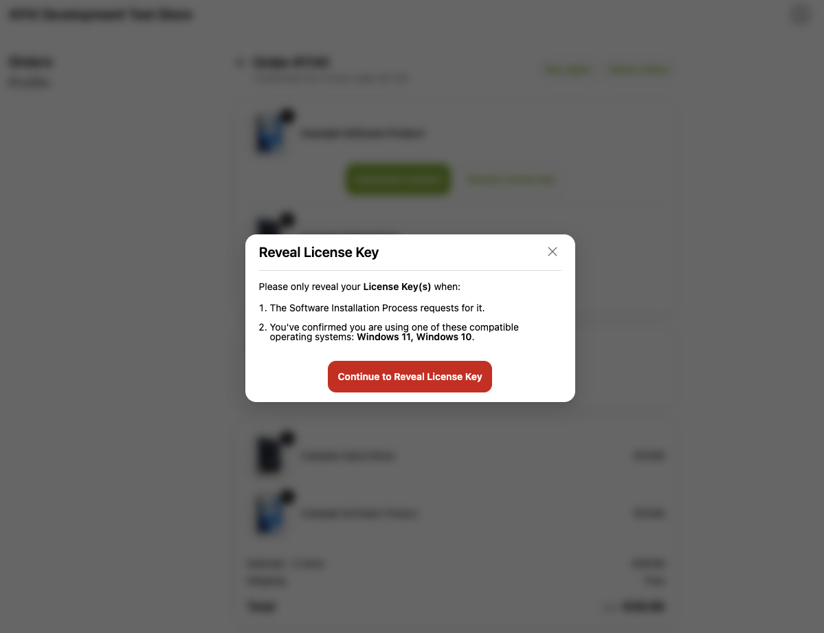 The Reveal Key Prevention message shown as a modal on the order status page, with its Continue to Reveal License Key button.